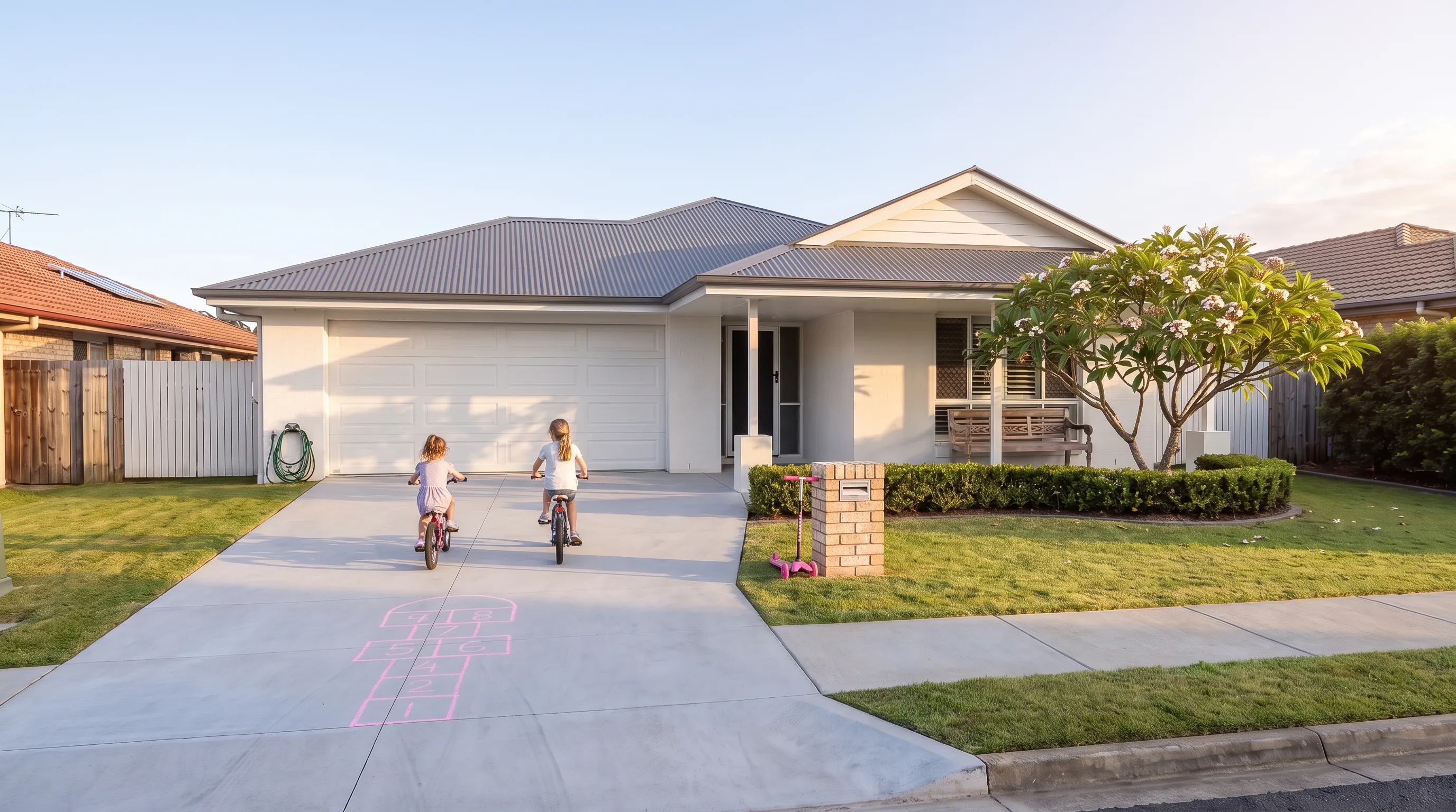 Two girls riding push bikes up a new concrete driveway at golden hour